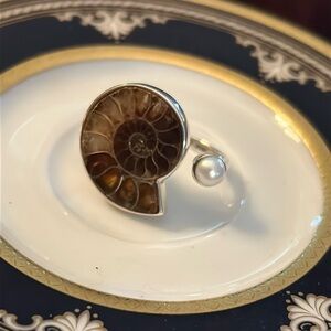 Ammonite Shell and Cultured Freshwater Pearl Sterling Silver Ring